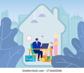 Work at home during coronavirus, vector illustration. Self isolation, epidemic treatment and protect from disease. Man freelance working in room office, domestic workplace at quarantine.