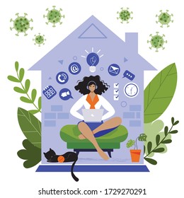 Work at home during COVID-19 outbreak. Young woman sitting on her notebook and working online inside house with plants and cat. Stay safe concept illustration. Busy female employee stays productive.