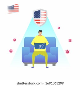 Work from home during the COVID-19 virus outbreak. People work at home to prevent viral infections. an American man sitting on a sofa and working with a laptop at home. stay home and stay healthy