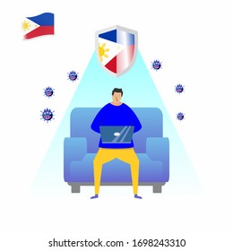 Work from home during the COVID-19 virus outbreak. People work at home to prevent viral infections. a Filipino man who sits on a sofa and works using a laptop at home. stay at home and stay healthy.
