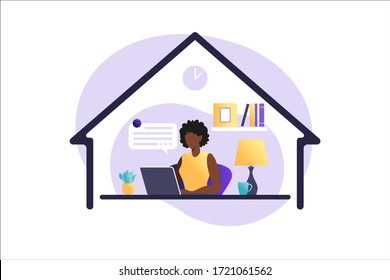 Work at home during isolation. African american woman works from home. Home office during coronavirus outbreak. Stay at home during the coronavirus epidemic. Vector illustration in flat style.