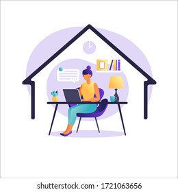 Work at home during isolation. Female employee works from home. Home office during coronavirus outbreak. Coronavirus concept. Stay at home during the coronavirus epidemic. Vector illustration in flat.