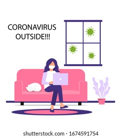 Work from home during an outbreak of the COVID-19 virus. People work at home to prevent virus infection. Woman working on the couch with a cat. Girl in a mask works on a laptop at home. 