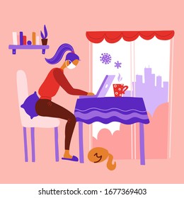 Work from home during outbreak of the COVID-19 virus. People work at home to prevent virus infection. Woman working on the kitchen table near womdow with a cat. Girl in mask works on laptop at home