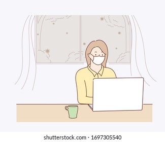 Work from home during an outbreak of the COVID-19 virus. Business woman work at home to prevent virus infection.Hand drawn style vector design illustrations.