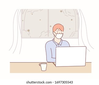 Work from home during an outbreak of the COVID-19 virus. Business man work at home to prevent virus infection.Hand drawn style vector design illustrations.