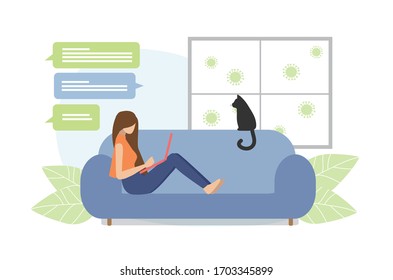 Work from home during an outbreak of the COVID-19 virus. People work at home to prevent virus infection.  Girl works on a laptop at home. Woman working on the sofa with a cat isolated vector.