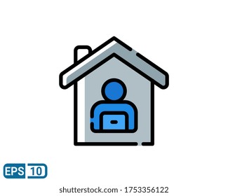 Work at home during an outbreak of the COVID-19 virus. Coronavirus quarantine preventive measures. person working on laptop in filled line style icon. EPS 10