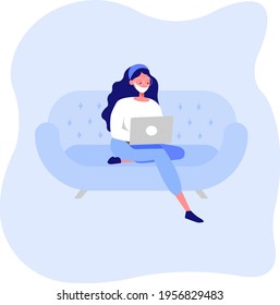 Work from home during an outbreak of the COVID-19 virus. People work at home to prevent virus infection. Woman working on the couch with. Girl in a mask works on a laptop at home.