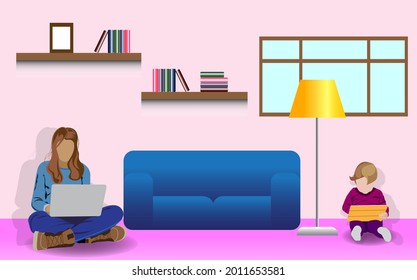 Work at home during an outbreak of the COVID-19 virus. People work at home to prevent a viral infection. Girl works on laptop at home. Quarantine to prevent coronovirus infection.