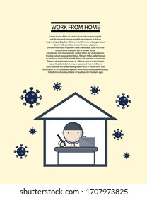Work from home during pandemic situation. Business man character. Coronavirus quarantine. COVID-19 concept. Stay home stay save. Vector illustation.