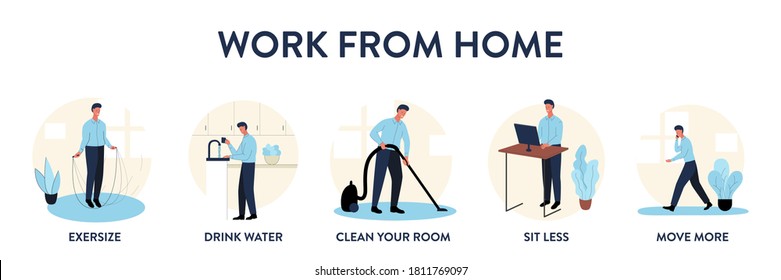 Work from home educational poster. Vector illustration of 5 tips for those who work remotely from home. Banner of how to maintain good lifestyle habits while working from home. Drink water, cleaning