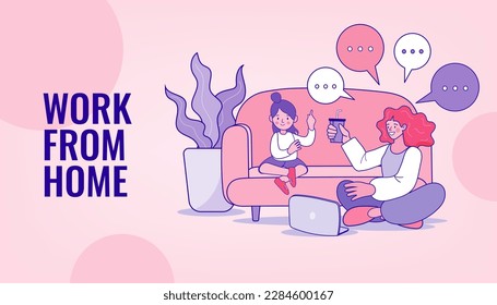 Work from home. family smiling and staying together. Stay home. Remote learning. online education classes.. Digital marketing strategy. Remote learning. online education classes. Flat Vector.