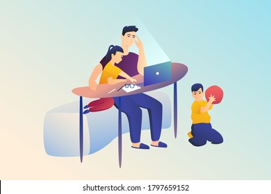Work from home. The father works at the computer when the children are distracted. Difficulty concentrating on work. Freelancer or study concept. Vector illustration, new fresh design.