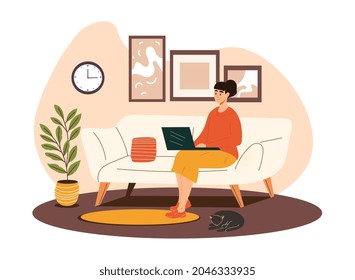 Work from home. Female character sitting on comfortable sofa and performs task of boss. Employee with remote profession or freelancer. Cartoon flat vector illustration isolated on white background