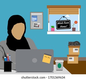 Work From Home. Female Muslim wearing Hijab working at home. Covid-19 Coronavirus Freelance Concept.
