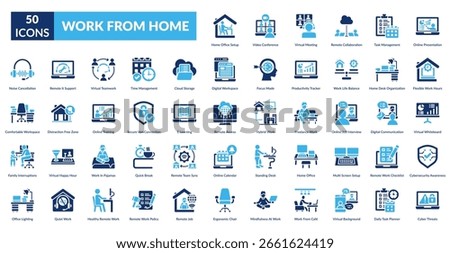 Work From Home Fill Icon Set. Remote Collaboration, Task Management, Online Presentation, Flexible Work, Home Desk, Work Life Balance, Productivity Tracker