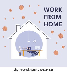 Work from home flat cartoon banner. Protection of COVID-19 coronavirus 2019-nCoV pandemic outbreak effect. Health and safety life campaign. Vector illustration person doing job activity in the house.