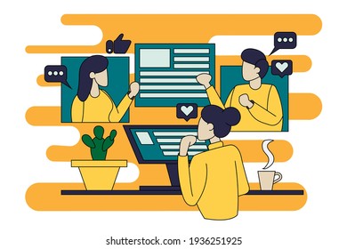 Arbeit von zu Hause flacher Illustration für Banner-Videokonferenz auf Stuhl mit Laptop