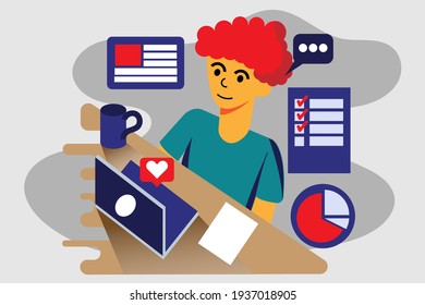 work from home flat illustration for banner video conference sitting at chair with laptop