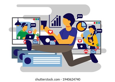 work from home flat illustration for banner video conference sitting with laptop