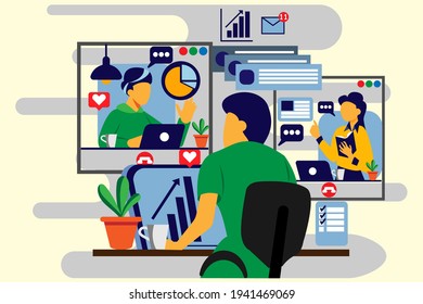 work from home flat illustration for banner video conference sitting with laptop