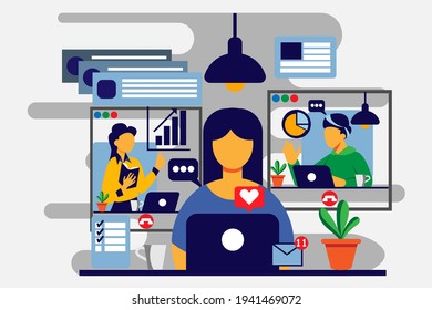 work from home flat illustration for banner video conference sitting with laptop