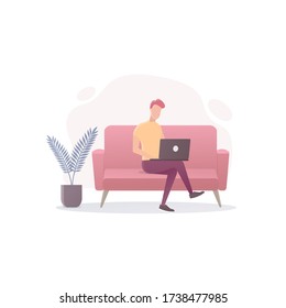 work at home. flat illustration of workplace. a man works sitting on the sofa