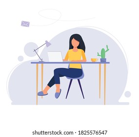 Work at home flat. Home office concept. A woman working from home, student or freelancer.