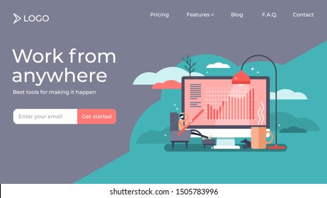 Work from home flat tiny persons vector illustration landing page template design. Freelancer with computer in cozy room. Example with hipster job employee house or apartment without office workplace.