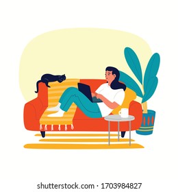 Arbeiten von zu Hause Wohnung angesagte Vektorillustration Illustration. Junge Frau, die an einem gemütlichen Sofa arbeitet, während ihre Katze schläft. Konzept "Leben in Quarantäne".