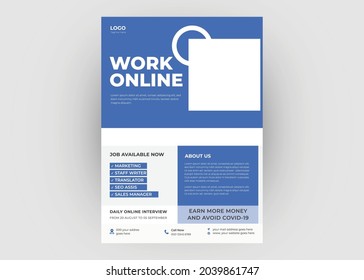 Trabajar desde la plantilla de diseño del volante doméstico. Diseño de panfletos de oficina en línea. Volante en A4, diseño de folletos, diseño moderno de portada, informe anual, afiche