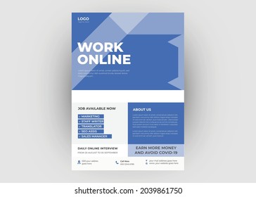 Trabajar desde la plantilla de diseño del volante doméstico. Diseño de panfletos de oficina en línea. Volante en A4, diseño de folletos, diseño moderno de portada, informe anual, afiche