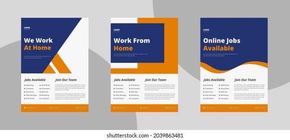 Work from home flyer design template. Online office poster leaflet design. Flyer in A4, bundle, brochure design, cover modern layout, annual report, poster