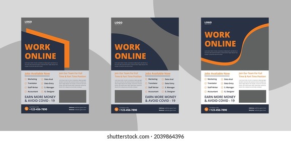 Work from home flyer design template. Online office poster leaflet design. Flyer in A4, bundle, brochure design, cover modern layout, annual report, poster
