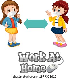 Work At Home font in cartoon style with two kids keeping social distance isolated on white background illustration