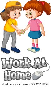 Fuente de Work At Home en estilo de caricatura con dos niños no mantiene la distancia social aislada en ilustración de fondo blanco