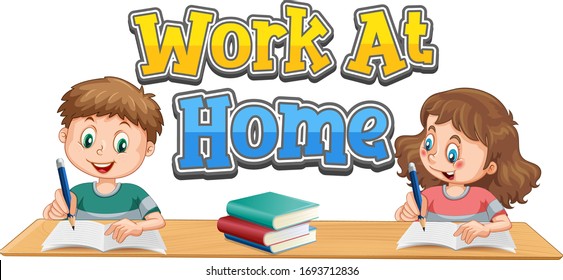 Work at home font design with two kids doing homework illustration