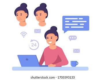 Work from home. Freelance Business woman at his desk is working on the laptop computer. Vector illustration in flat style.