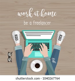 Work At Home. Freelance Concept. Freelancer Taping On Laptop And Sitting On The Floor. Top View. Vector.