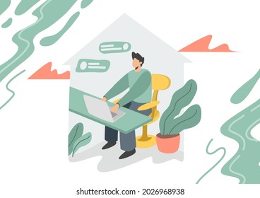 Work at home freelance concept illustration working on laptop and computer at home People at home detained, flat style vector illustration.