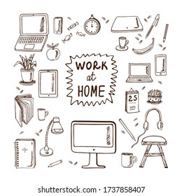 Work at home. Freelance. Doodle set isolated on white background. Template for postcard, banner, poster, web pages design. Hand Drawn vector illustration.