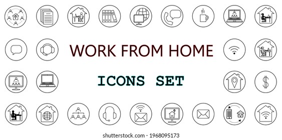 Work from home, freelance icons set. Collection of simple web icons such as work at home, distant work, remote work, freelance, webinar, online video conferencing, online job. Editable vector stroke