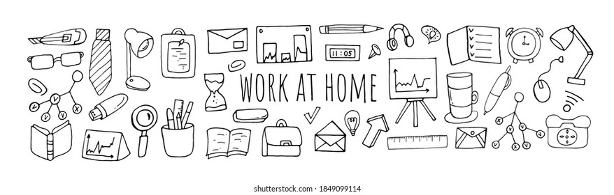 Work at home. Freelance work. Individual elements in the office. Printing on banners, posters, paper. Doodle style. Vector isolated illustration with work environment elements on a white background. 