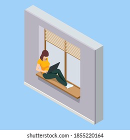 Work at home, Freelance isometric concept design. Chat messages notification on laptop, coworking space
