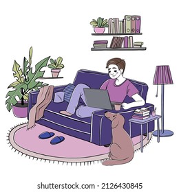 Work at home. Freelance man working on a laptop at home, dressed in home clothes. Vector illustration isolated on white background. Online learning, education 