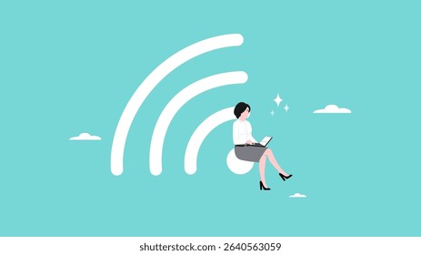 work from home, freelance or online job, smart woman working remotely using laptop sitting on wifi or internet online icon concept vector illustration