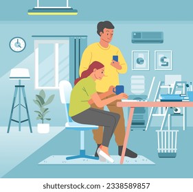 Work at home. Freelance people working in comfortable with a cup of coffee. Freelancer male and female characters working on laptop at home