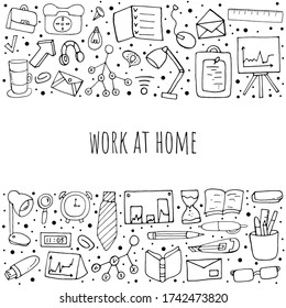 Trabajar en casa. Trabajo independiente. Ilustración aislada de vectores con elementos de entorno de trabajo en un fondo blanco. Elementos individuales de la oficina. Impresión en carteles, afiches, papel. Estilo Doodle. 