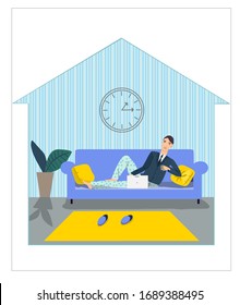 Work at home, freelance, Vector. A man working as a freelancer,
organized coworking space, distant job, home lifestyle.
Stock vector illustration. Can be used for journals, posters,
banners, web.